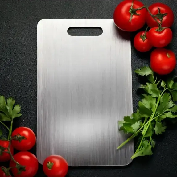 The Katori titanium cutting board, a brushed metal sheet with a cutout handle, on a dark counter with tomatoes and herbs